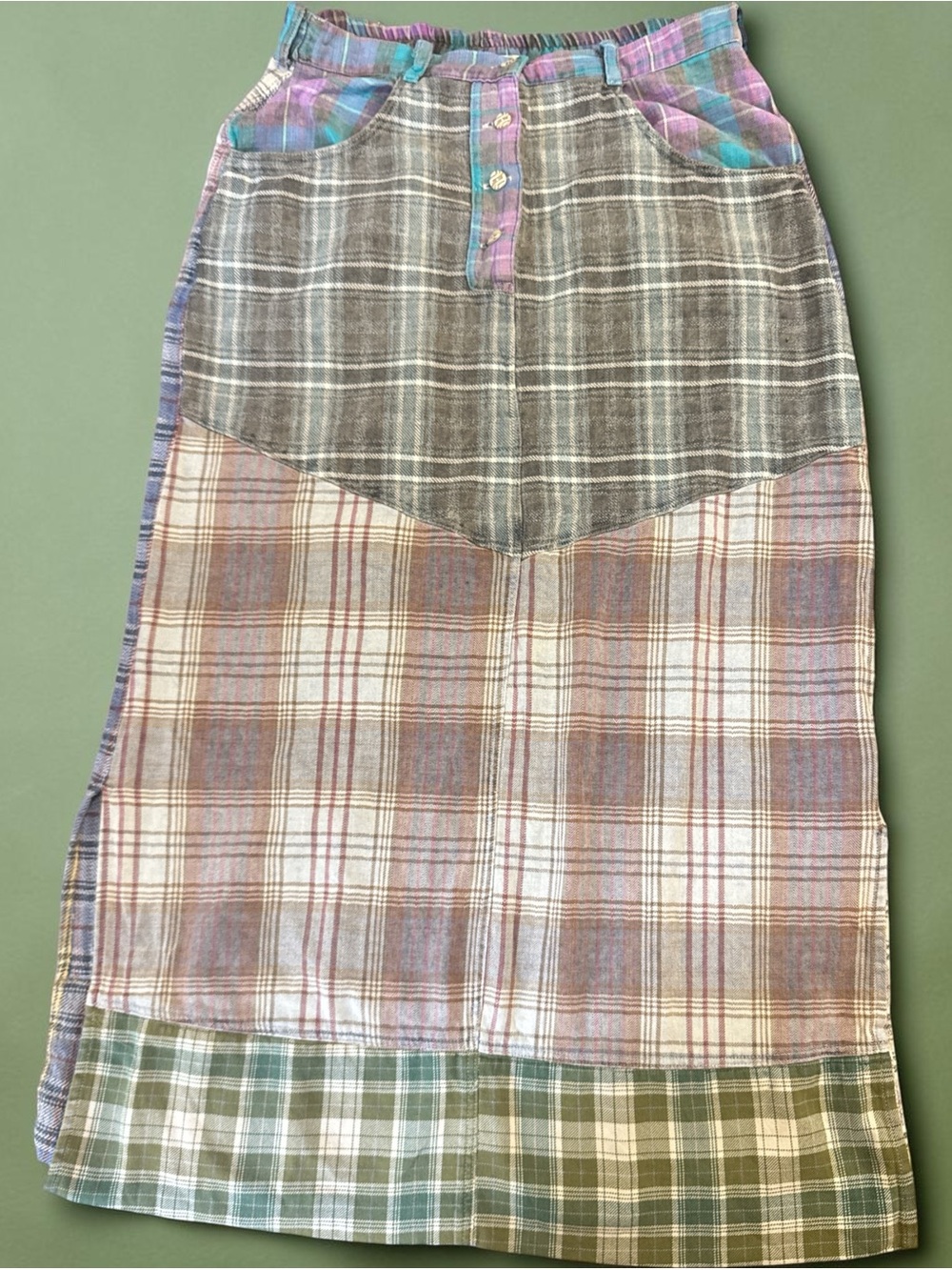 Citron Patchwork Plaid Midi Skirt in Gray, Pink, Green